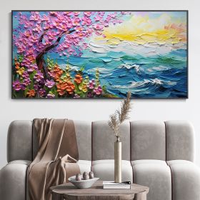 Hand Painted Oil Painting Abstract Pink Tree Texture Oil Painting Colorful Flower Canvas Art Blue Ocean Home Decor Modern Wall Decor Sunrise Mural (Style: 1, size: 40x80cm)