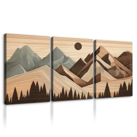 3 Panels Framed Abstract Wood Grain Boho Style Mountain & Forest Canvas Wall Art Decor,3 Pieces Mordern Canvas Decoration Painting for Office (Color: as Pic)